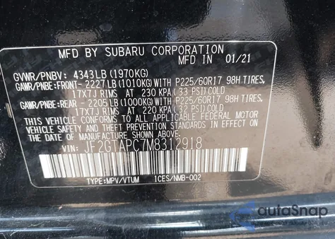 2021 Subaru Crosstrek Premium z USA, uszkodzony, nr VIN JF2GTAPC7M8312918